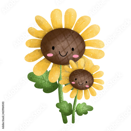Cute Sunflowers,floral,Flower,plant,flora,nature,watercolor,cartoon character,cute,icon ,vector, illustration,hand drawn