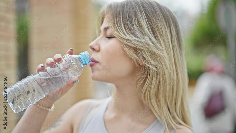 Young blonde woman smiling confident drinking water at street