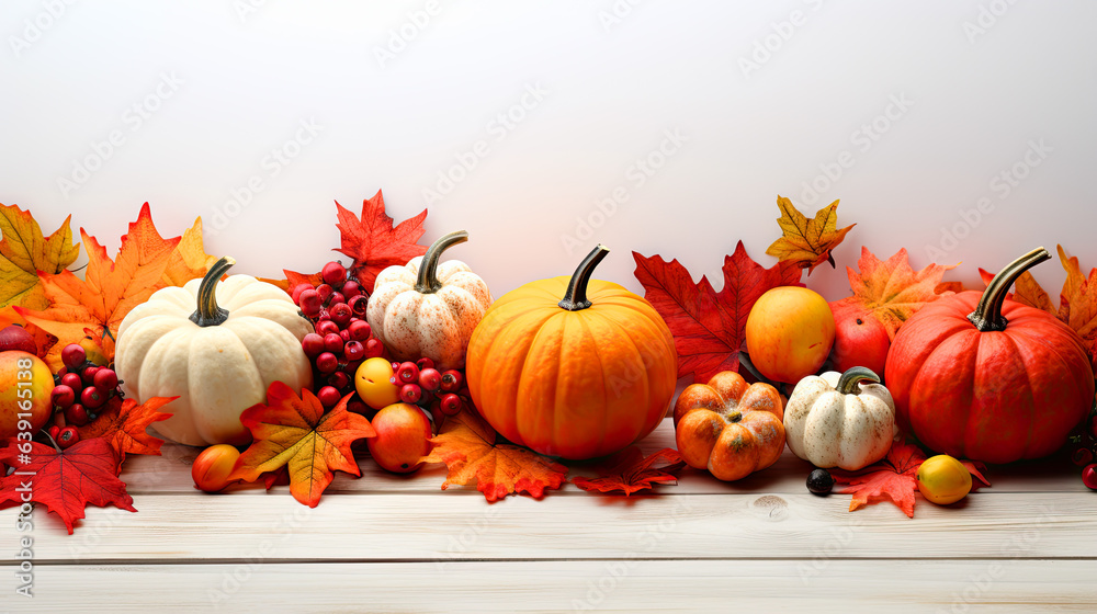 pumpkins and gourds and apples and fall leaves on white wooden background pumpkins and gourds and apples and fall leaves on white wooden background