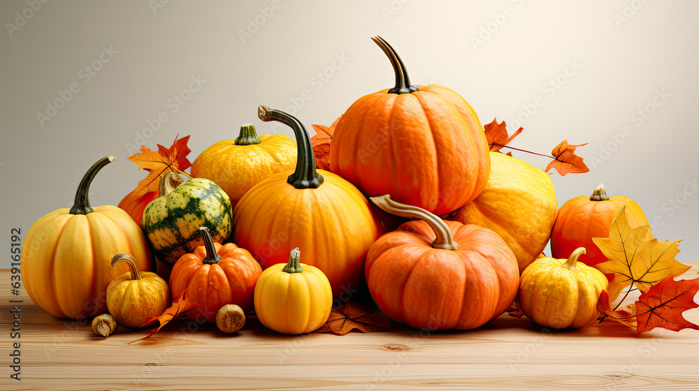 pumpkins and gourds and apples and fall leaves on white wooden background pumpkins and gourds and apples and fall leaves on white wooden background