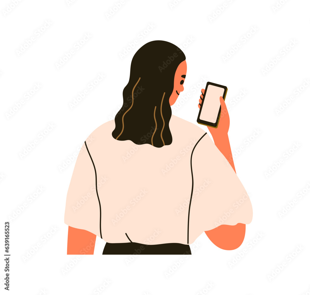 Woman holding smartphone. Smiling girl with mobile smart phone in hands, reading online, surfing internet, looking at screen, using cellphone. Flat vector illustration isolated on white background Woman holding smartphone. Smiling girl with mobile smart phone in hands, reading online, surfing internet, looking at screen, using cellphone. Flat vector illustration isolated on white background