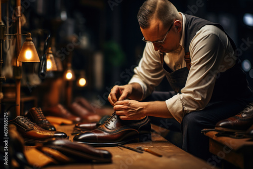 An elderly shoemaker at work in a workshop photo