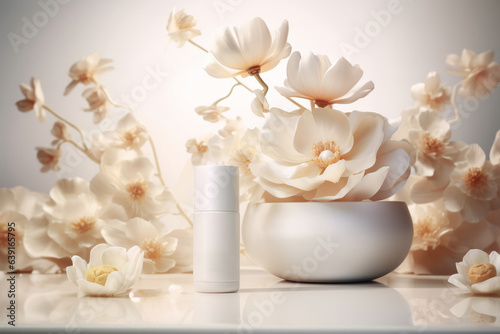 Beautiful banner or model of a bottle for a cream or perfume without a label and name with space for text or logo  background with floral elements. generative ai 