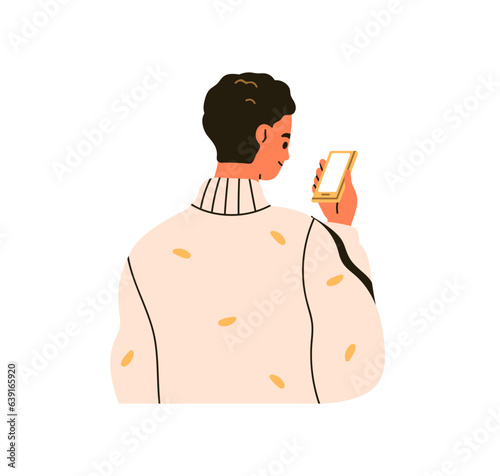 Person holding smartphone, looking at mobile screen. Reading news, messages on cell phone display, back view. Smiling man using cellphone. Flat vector illustration isolated on white background