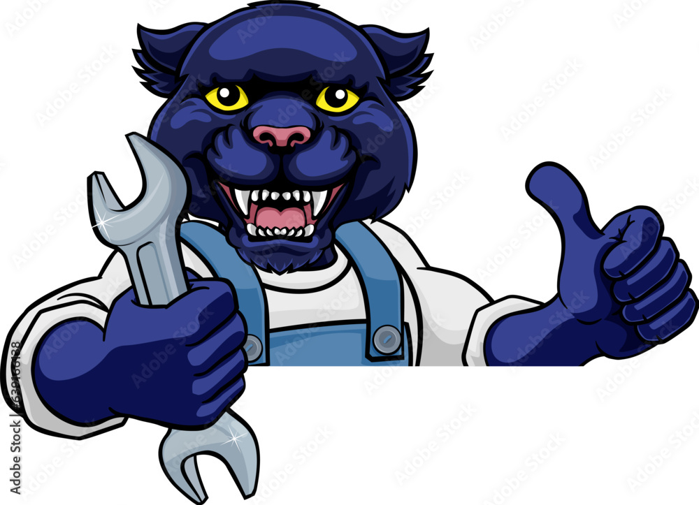 A panther cartoon animal mascot plumber, mechanic or handyman builder construction maintenance contractor peeking around a sign holding a spanner or wrench and giving a thumbs up A panther cartoon animal mascot plumber, mechanic or handyman builder construction maintenance contractor peeking around a sign holding a spanner or wrench and giving a thumbs up
