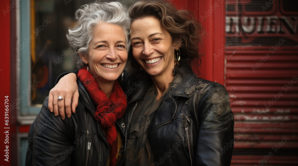 Fashionable and beautiful female twins posing near stylish restaurant outdoors. Two women wearing stylish looks, smiling at camera. Fashionable and beautiful female twins posing near stylish restaurant outdoors. Two women wearing stylish looks, smiling at camera.