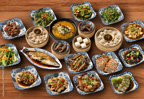 chinese food, chinese traditional cuisine dishes on wood background, top view
