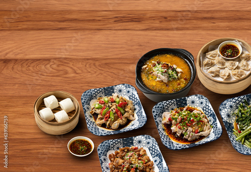 chinese food, chinese traditional cuisine dishes on wood background, top view