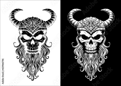 A Viking skull skeleton warrior or barbarian gladiator man mascot face looking strong wearing a helmet. In a retro vintage woodcut style.