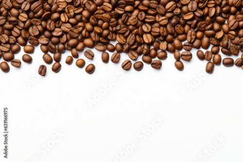 Coffee beans at the top of the screen isolated on a white background with space for inscriptions, text or logos. generative ai 