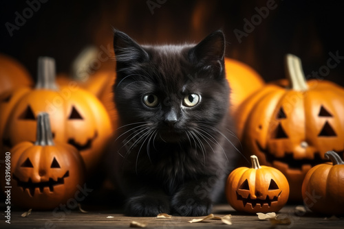 Cute black cat and pumpkins on wooden table. Halloween background © ako-photography