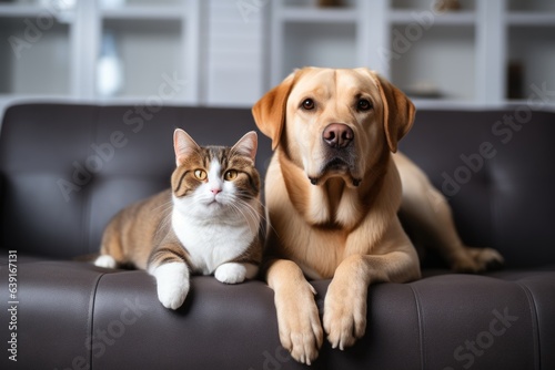 Cat and labrador dog sitting on the sofa together. Home pets, domestic animals. Animal care. Fluffy friends. Love and friendship concept