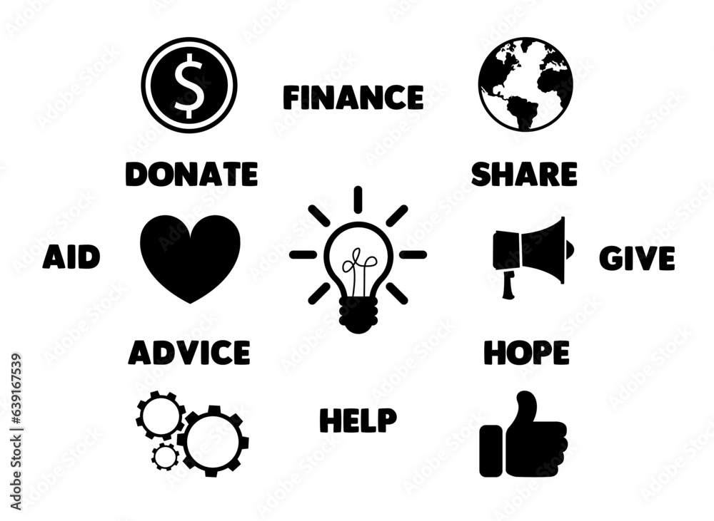 Fundraising activity. Scheme with icons on white background, vector illustration. Banner design