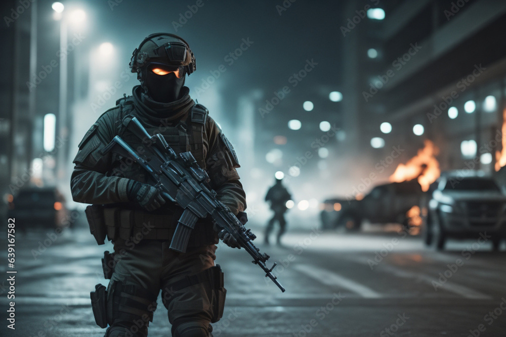 Army soilder who wear black tactical closes with a nocturn vision. AI Generative Army soilder who wear black tactical closes with a nocturn vision. AI Generative