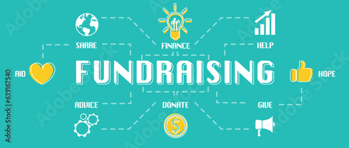 Fundraising activity. Scheme with icons on turquoise background, vector illustration. Banner design