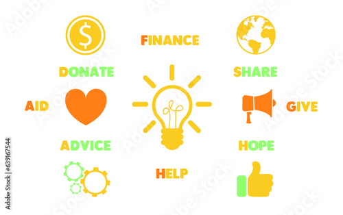 Fundraising activity. Scheme with icons on white background, vector illustration