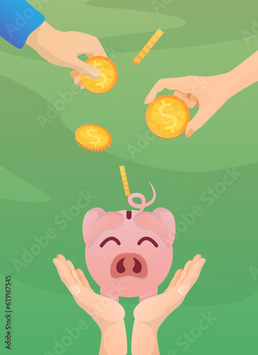 Fundraising activity. People giving coin to organizer with piggy bank on green background, closeup. Vector illustration