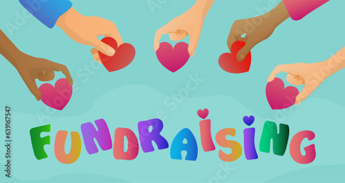 Fundraising activity. Different people holding hearts on turquoise background, closeup. Vector illustration, banner design