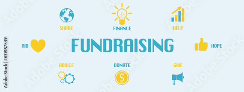 Fundraising activity. Scheme with icons on white background, vector illustration. Banner design