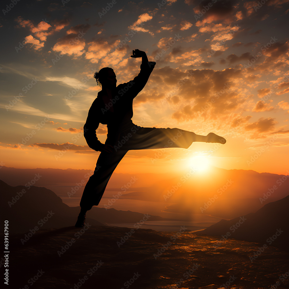 Silhouette of a man practicing martial arts on a sunset. Kung Fu	