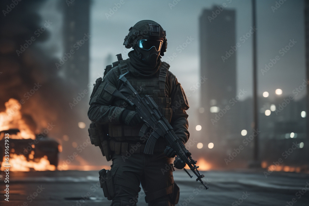 Army soilder who wear black tactical closes with a nocturn vision. AI Generative Army soilder who wear black tactical closes with a nocturn vision. AI Generative