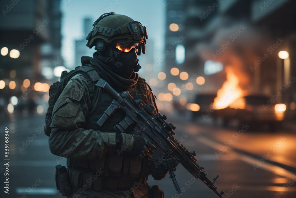 Army soilder who wear black tactical closes with a nocturn vision. AI Generative Army soilder who wear black tactical closes with a nocturn vision. AI Generative