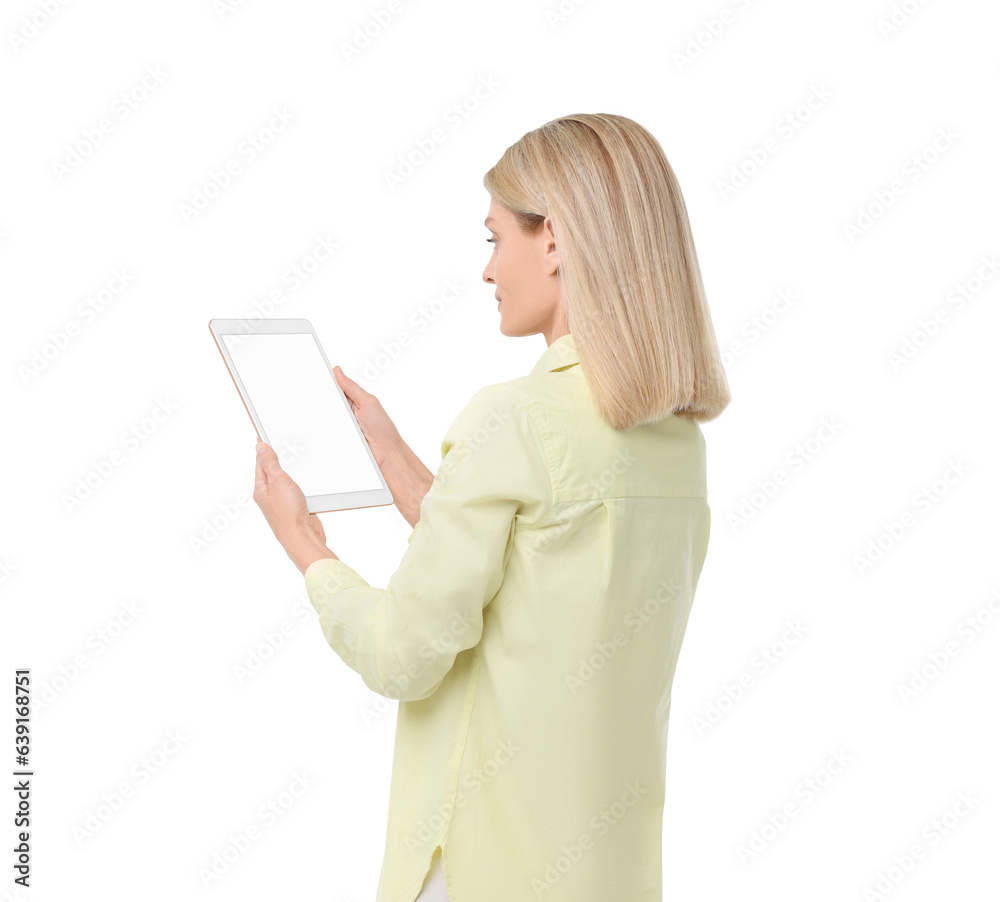 Woman holding tablet with blank screen on white background Woman holding tablet with blank screen on white background