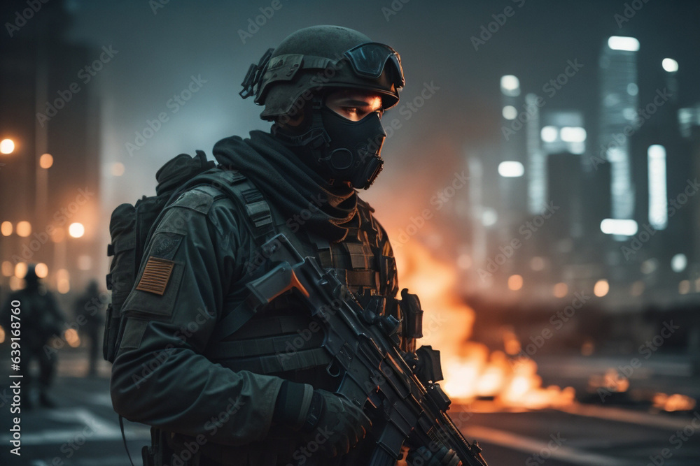 Army soilder who wear black tactical closes with a nocturn vision. AI Generative Army soilder who wear black tactical closes with a nocturn vision. AI Generative
