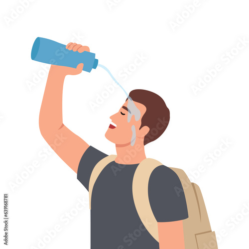Tired man tourist pouring water on face during long walk in nature in hot weather. Traveler guy with backpack on back exhaustively washes head on go to avoid sunstroke.