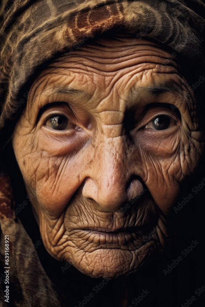 An elderly woman, her face etched with lines of wisdom and experience. An elderly woman, her face etched with lines of wisdom and experience.