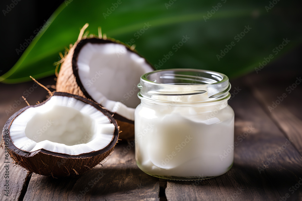 Creamy coconut oil sits in a glass jar, complemented by a raw coconut, symbolizing nature's bounty and wellness Creamy coconut oil sits in a glass jar, complemented by a raw coconut, symbolizing nature's bounty and wellness