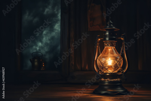 An antique oil lamp casts a warm, gentle glow in a dimly lit room, evoking feelings of nostalgia and comfort