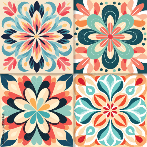 Set of four vector seamless patterns in retro style. Colorful floral and flower backgrounds.