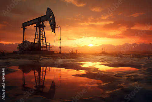 In a desolate terrain, an oil well punctuates the landscape, silhouetted against the fiery backdrop of a setting sun