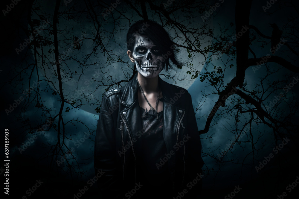 Woman with skull make up standing over dead tree, crow, moon and spooky cloudy sky, Halloween mystery concept Woman with skull make up standing over dead tree, crow, moon and spooky cloudy sky, Halloween mystery concept