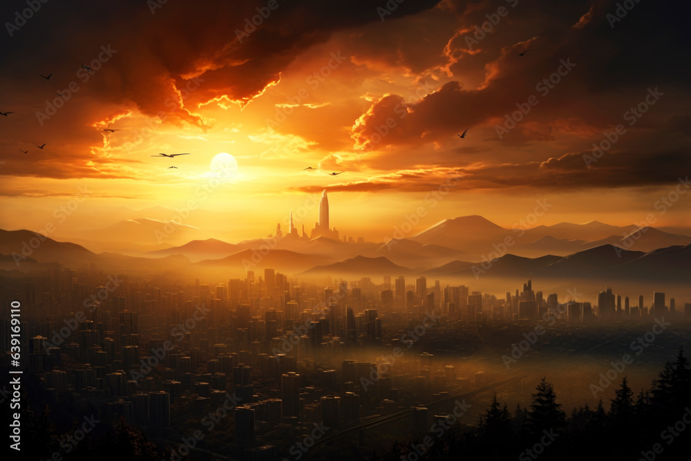 Obraz premium Aerial panoramic view of modern city tower and mountain at golden hour
