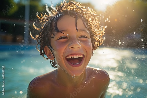 Happy laughing little boy has fun in the outdoor pool. Splashes of water and bright sun are all that children need for happiness.