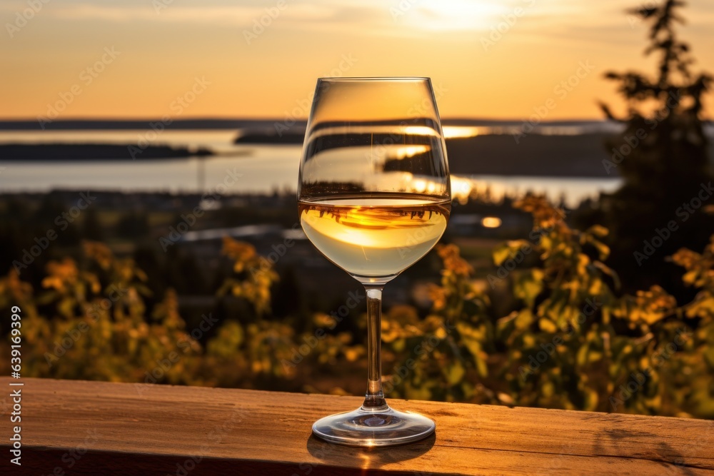 A fresh chilled glass of ice wine overlooking a Canadian vineyard during a Summer sunset