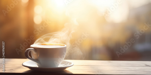 Fototapeta Cup of Coffee on a wooden Table on a Autumn blurred Background Outdoor, Copy space