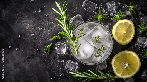 Alcoholic gin tonic drink with ice and lemon on a beautiful background, top view. generative ai
