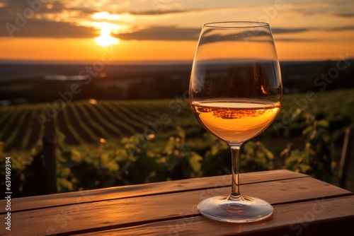 A fresh chilled glass of ice wine overlooking a Canadian vineyard during a Summer sunset