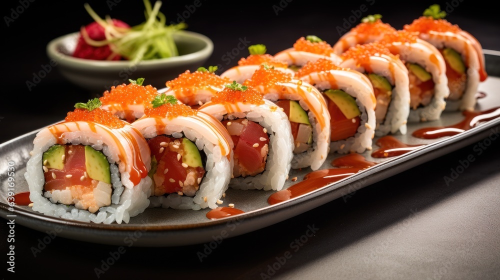 A set of fresh sushi rolls with salmon, avocado. Japanese sushi A set of fresh sushi rolls with salmon, avocado. Japanese sushi