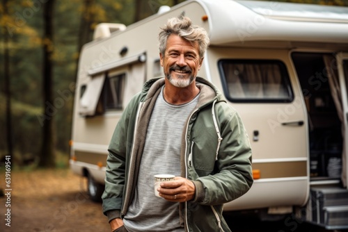 Active old happy hipster man standing near an RV camper van on vacation. Mature travelers looking away enjoying the view, holding drinking coffee waking