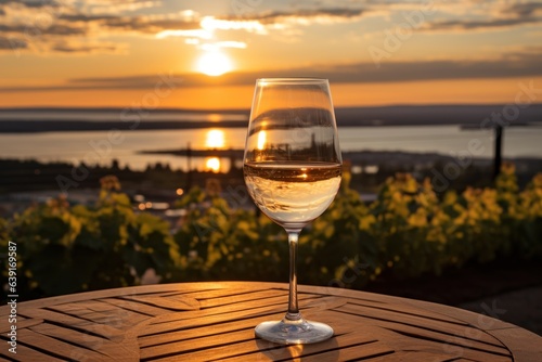 A fresh chilled glass of ice wine overlooking a Canadian vineyard during a Summer sunset