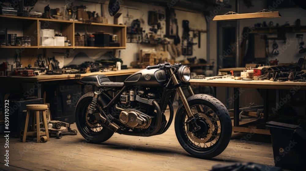 Customize an Old School Cafe Racer motorcycle in a home workshop. - obrazy, fototapety, plakaty 
