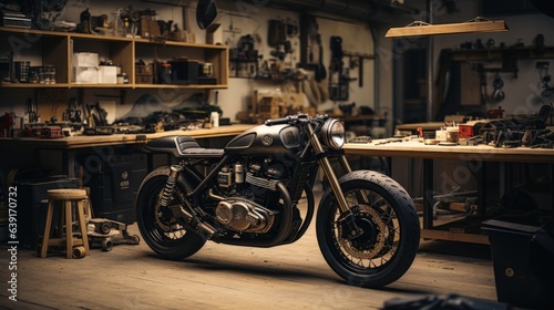 Fotografia, Obraz Customize an Old School Cafe Racer motorcycle in a home workshop.