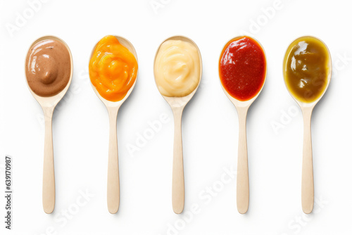 Tasty and various sauces on spoons isolated on a white background, top view. generative ai
