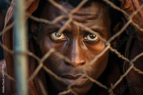 Gazing sadly at African refugees behind a fence