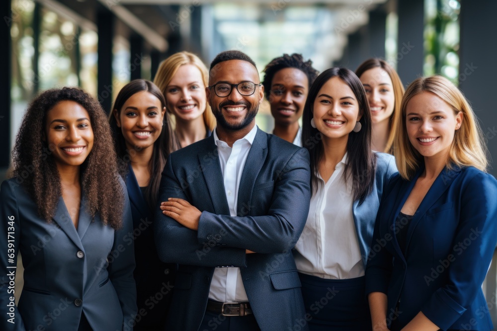 Happy diverse business team standing together in office International young professional smiling corporate employee with senior leaders looking at camera Happy diverse business team standing together in office International young professional smiling corporate employee with senior leaders looking at camera