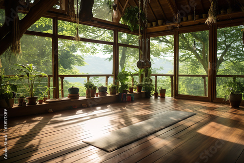 A serene treehouse extends its hospitality, featuring a surrounding deck optimized for rejuvenating outdoor yoga sessions amidst nature